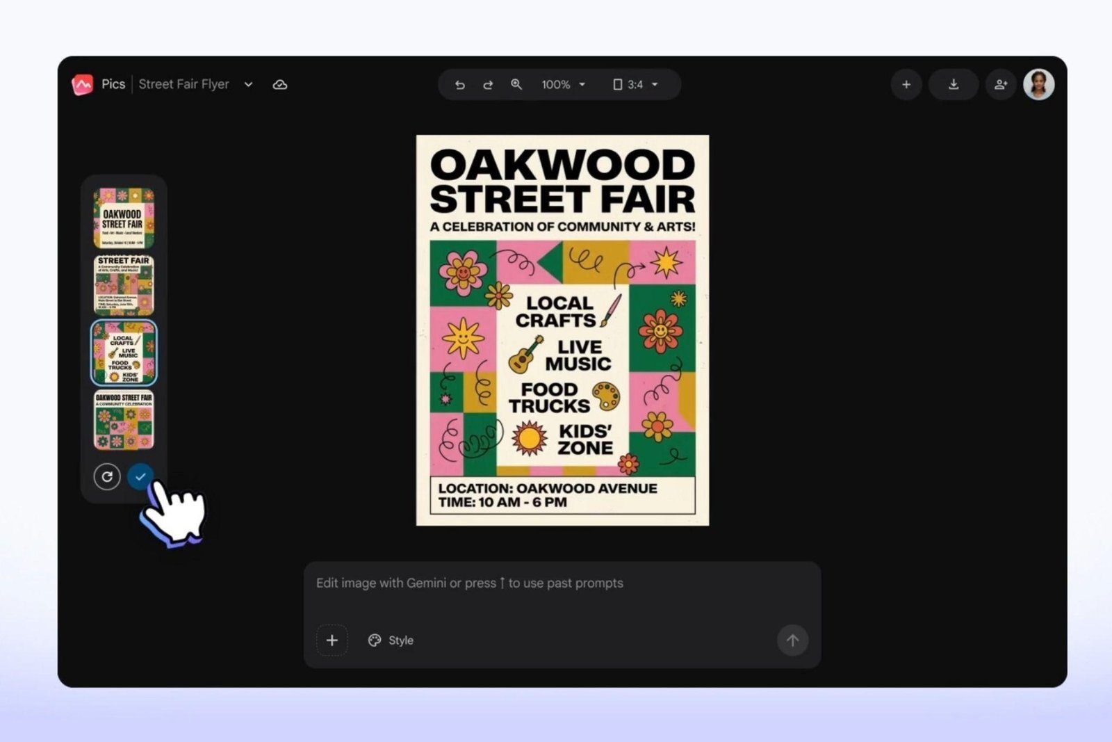 A screenshot of Google Pics generating a poster design for a street fair.