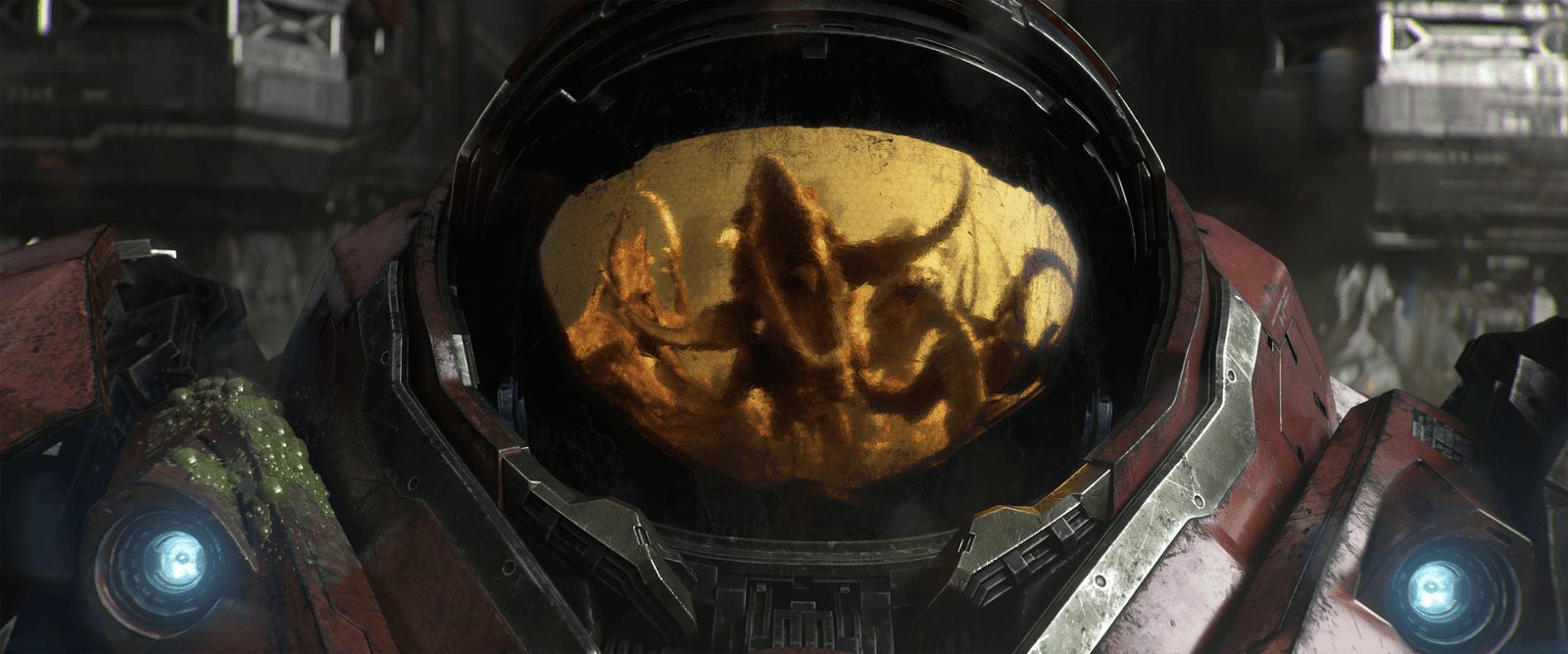 Reflection of a Zerg attacking in the helmet of a United Earth Directorate grunt.