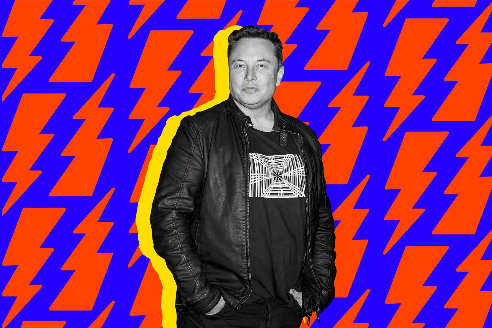 Illustration of Elon Musk standing with a blue and orange striped background.