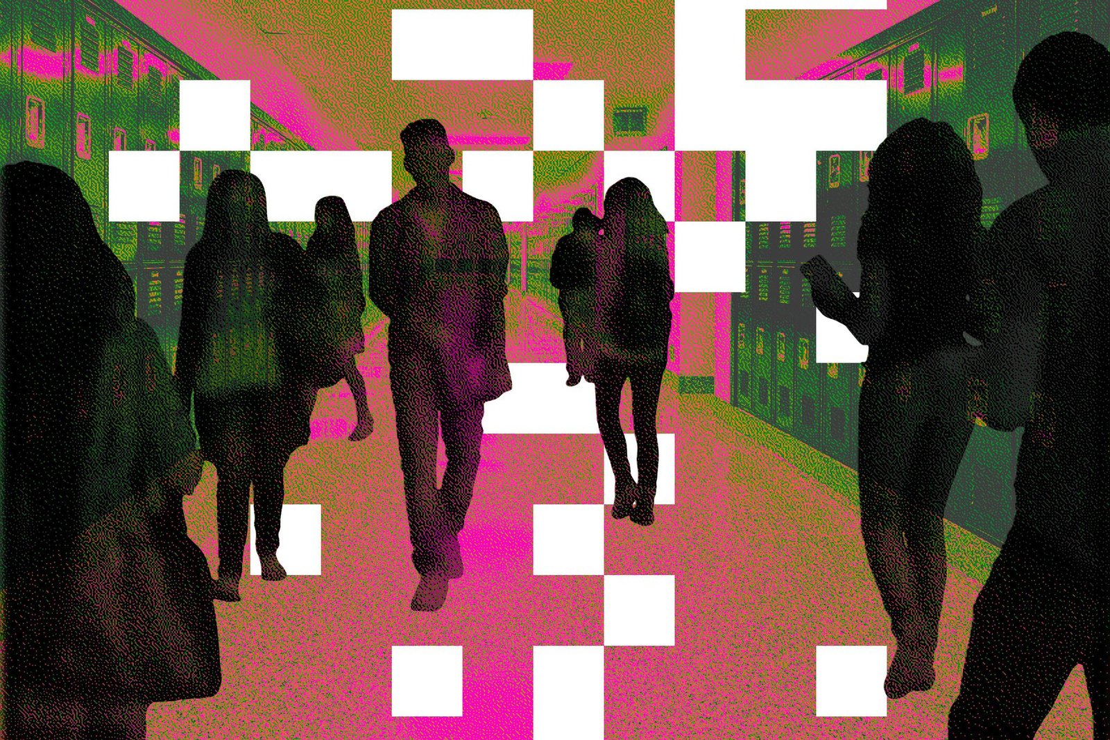 Graphic illustration of students walking down a hallway in school.