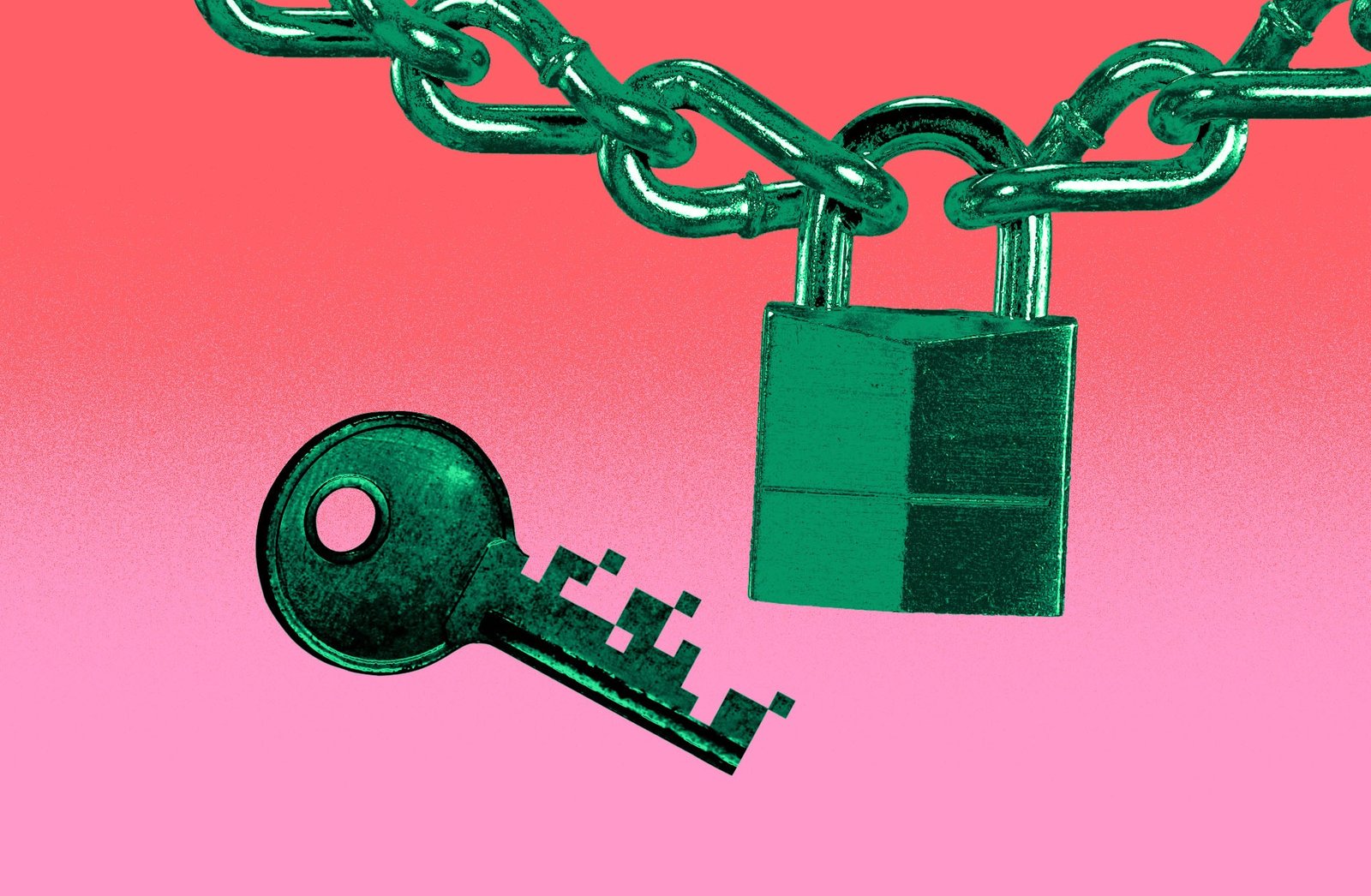 Illustration of a pixelated key next to a padlock and chain, implying online data security.