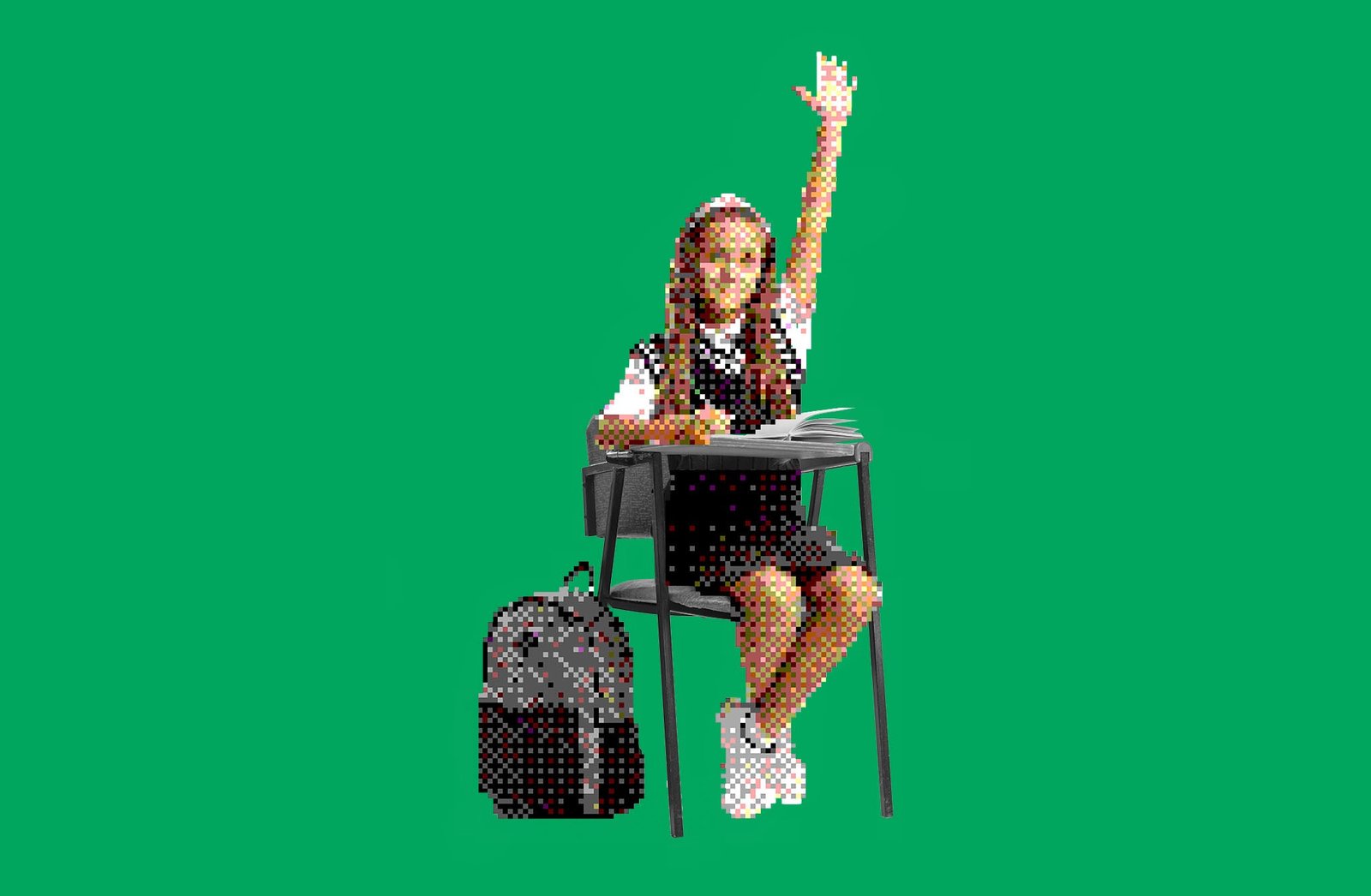 Photo collage of a pixelated student at a desk.