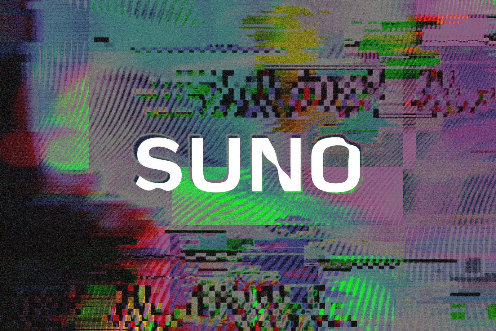 Suno logo on a glitchy background.