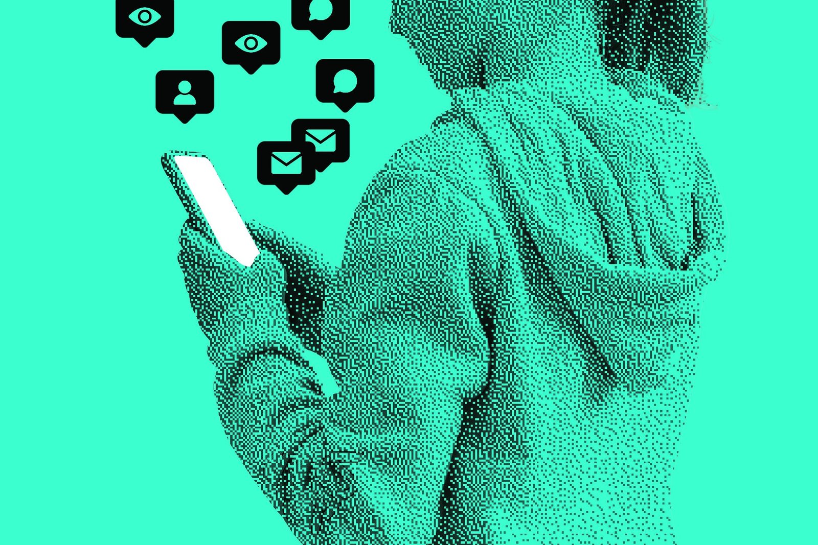 Child using social media on a cell phone on a graphic green background.