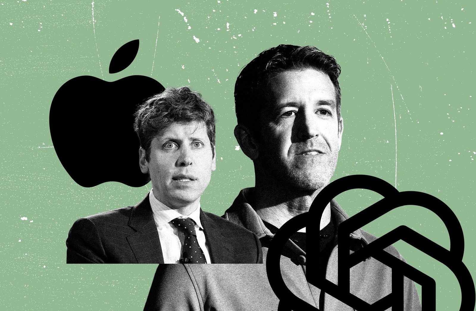 Sam Altman and John Ternus on a graphic grungey background.