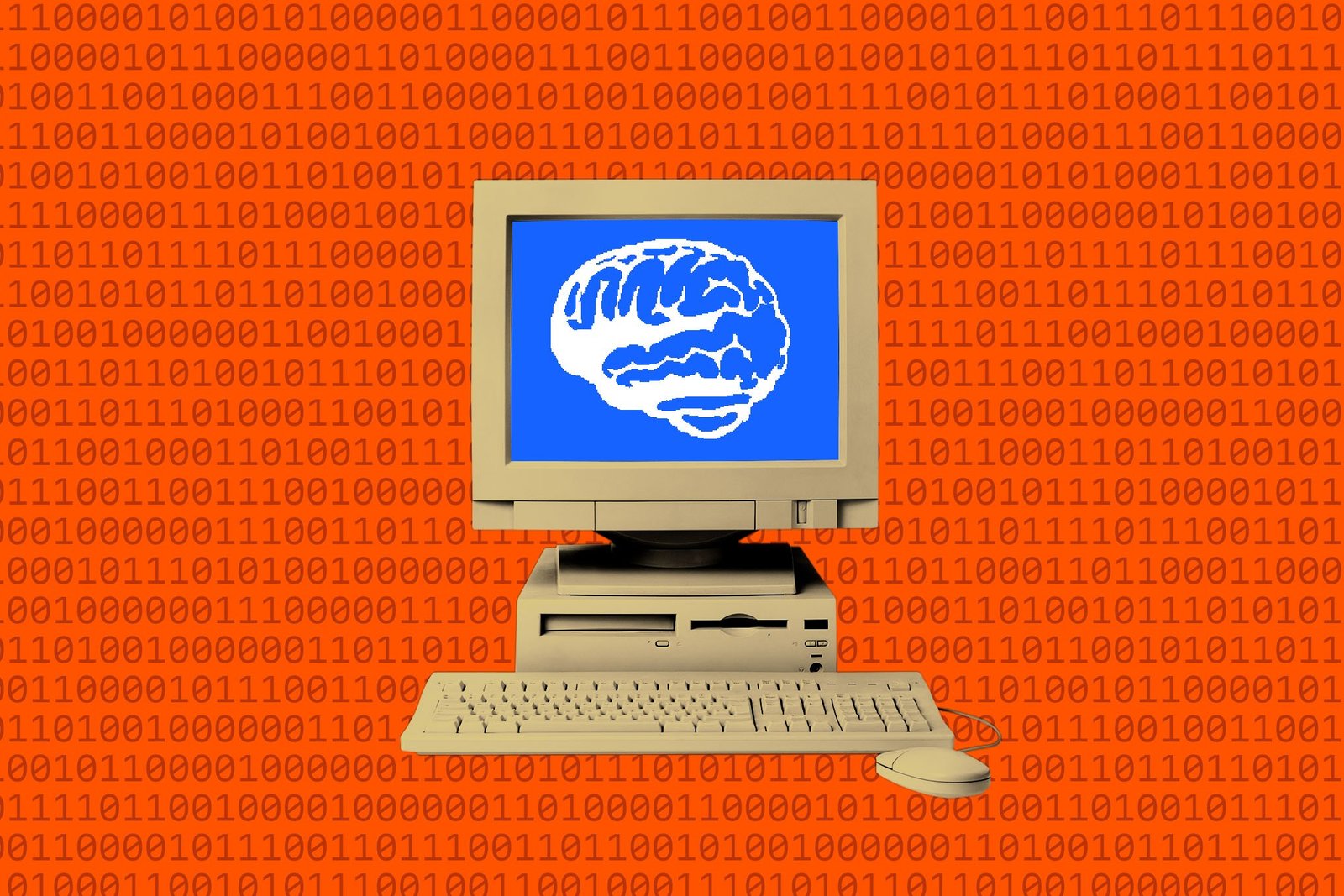 Illustration of a computer with w brain on the screen