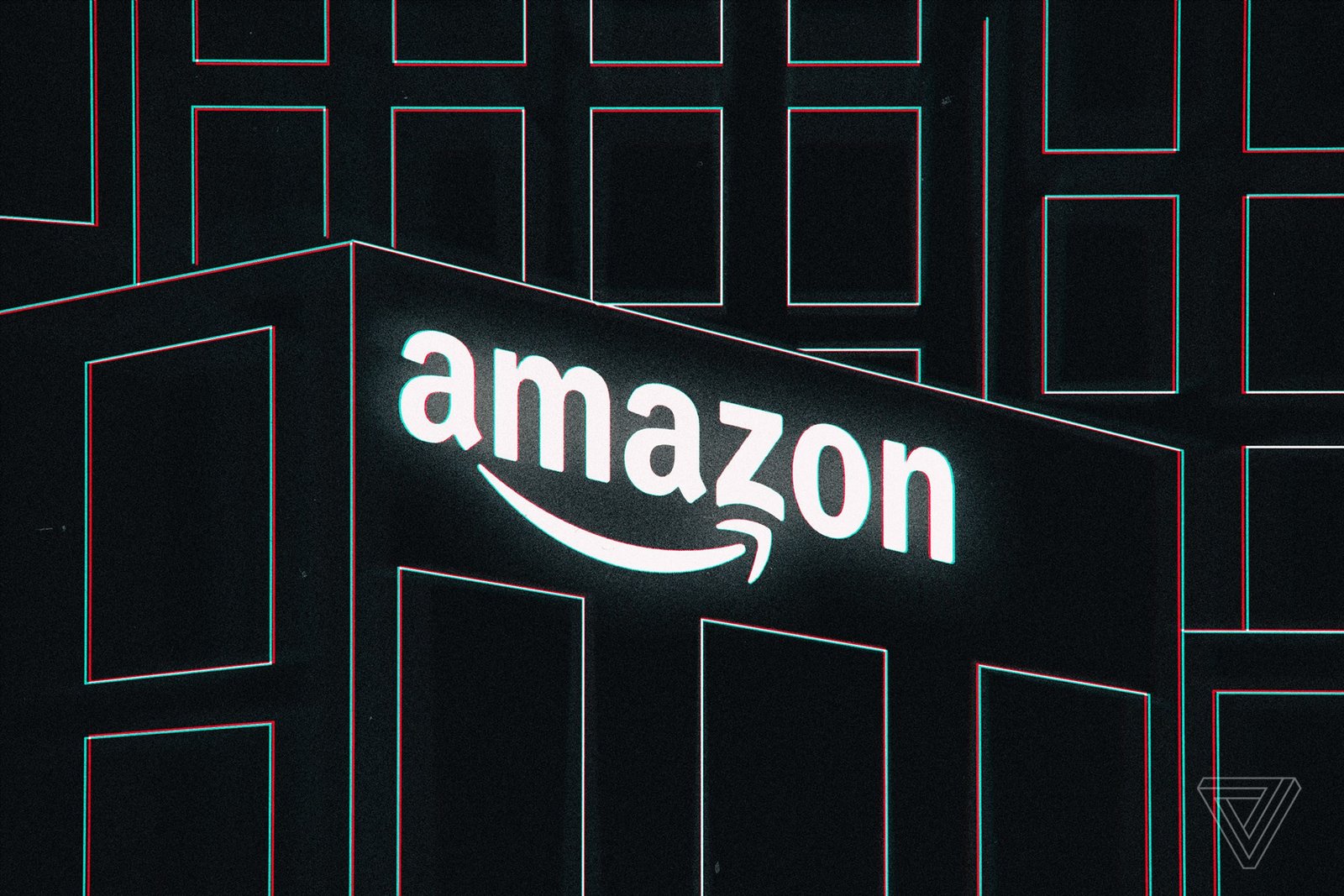 An illustration of the Amazon logo on the top of a building.