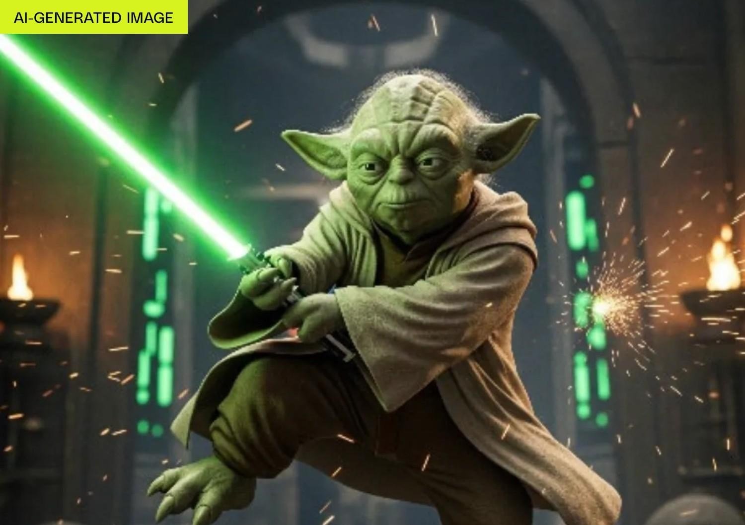 An AI-generated image of Yoda holding a lightsaber.