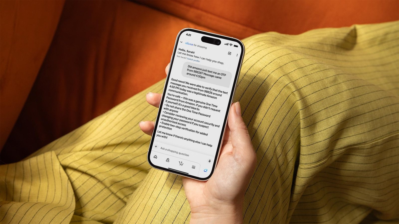 A photo showing Alexa for Shopping’s message verification feature