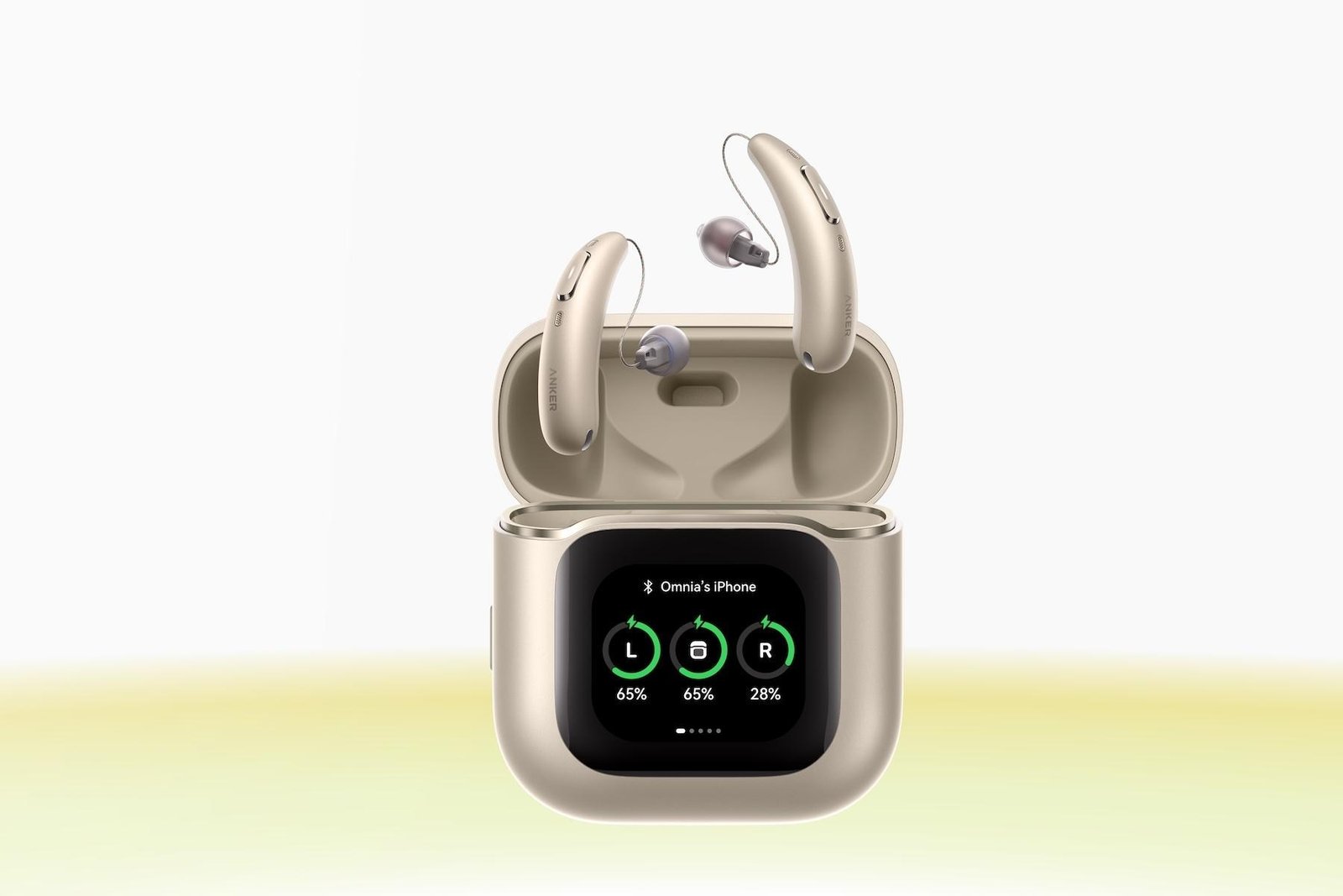 The Anker over-the-counter hearing aids and their charging case on a two-tone white and yellow background.
