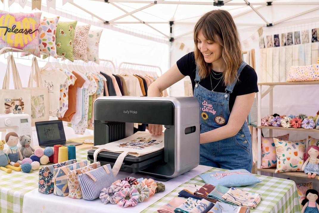 A person inserts a fabric tote bag into Anker’s personal fabric printer.