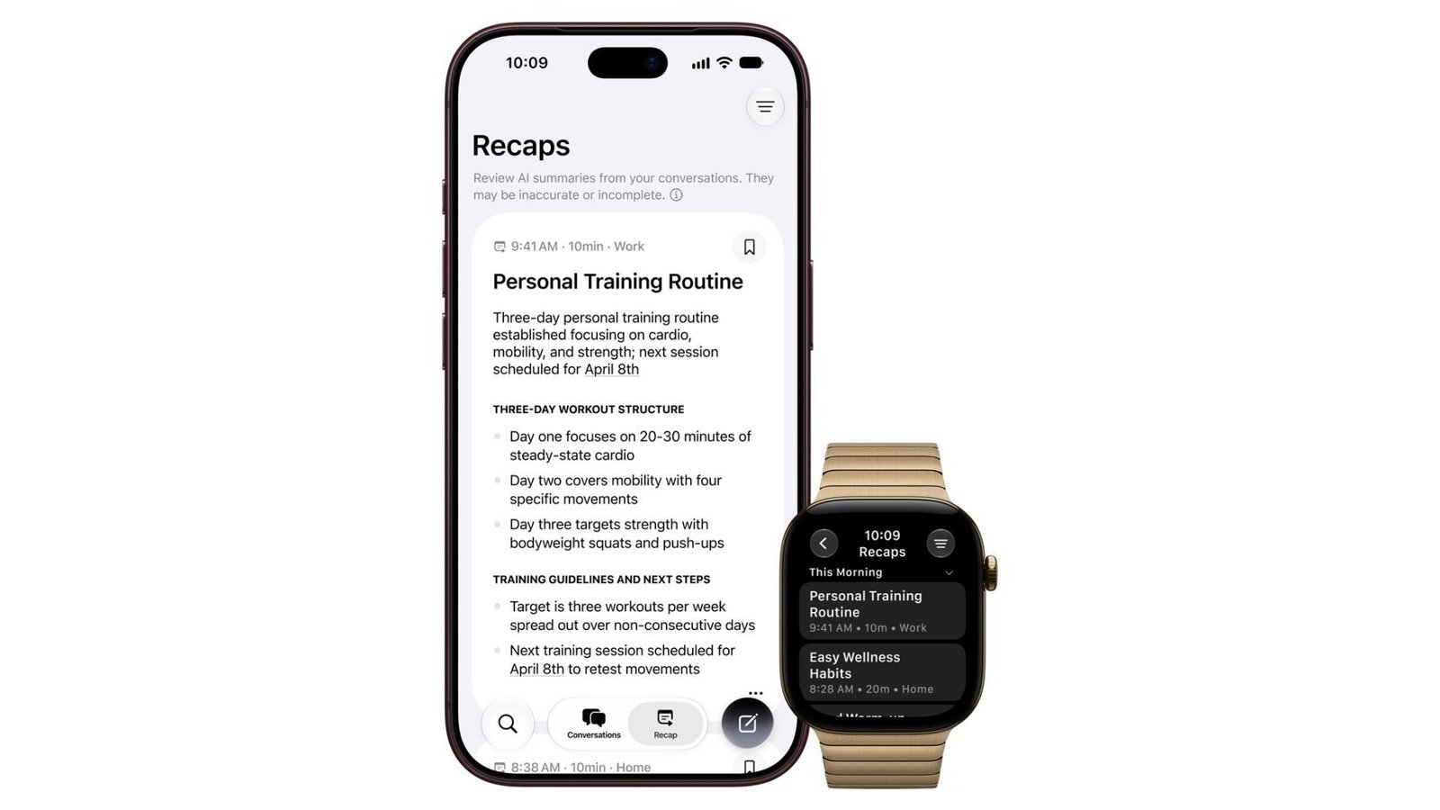An iPhone and Apple Watch showing an Audio Intelligence Siri Recap summary