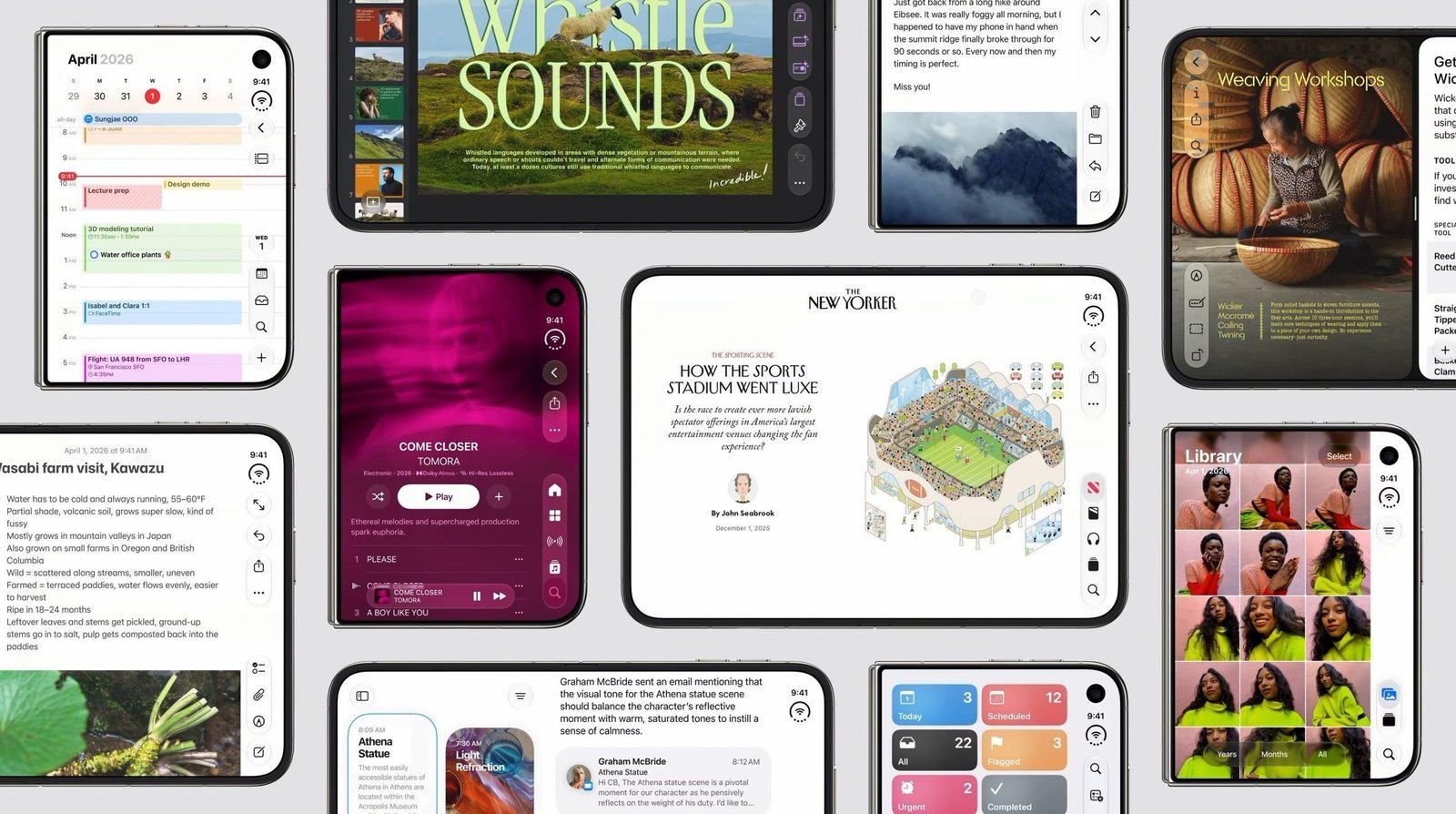Collage of iPhone Duo screens in various orientations showing apps.