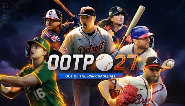 Cover of Out of the Park Baseball 27 showing a bunch of players collaged behind the logo.
