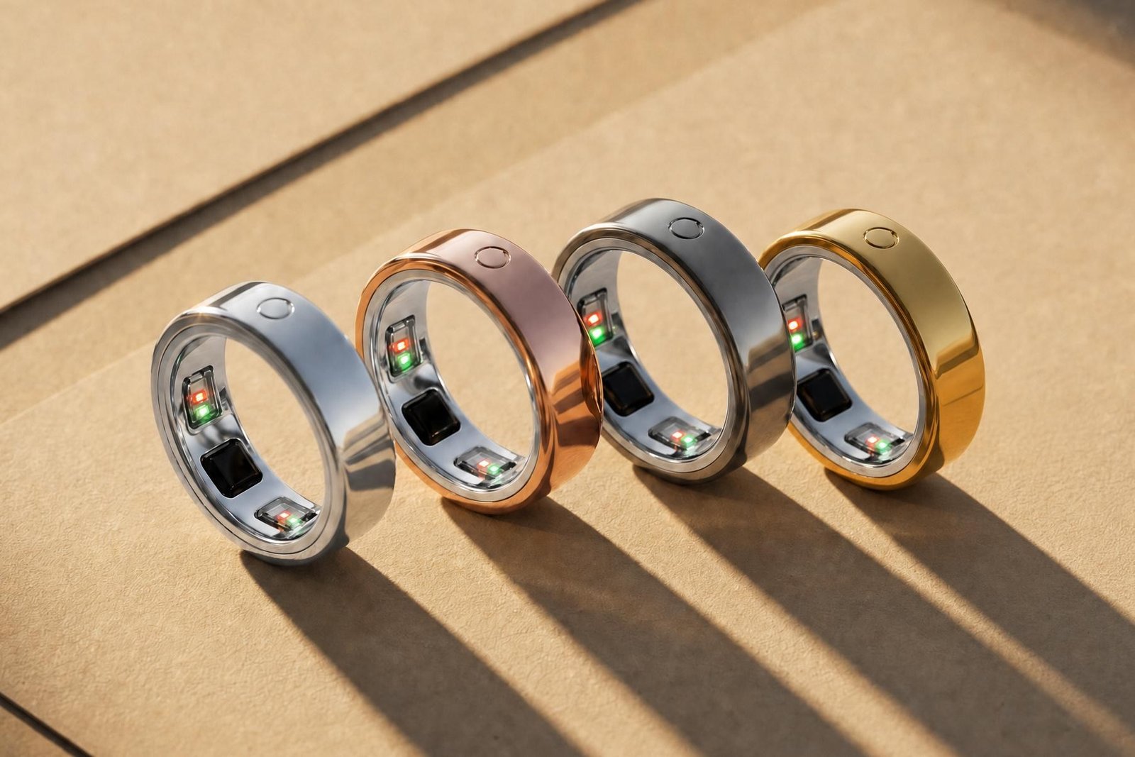 Four versions of the Circular Ring 3 Slim wearable in different metallic finishes.