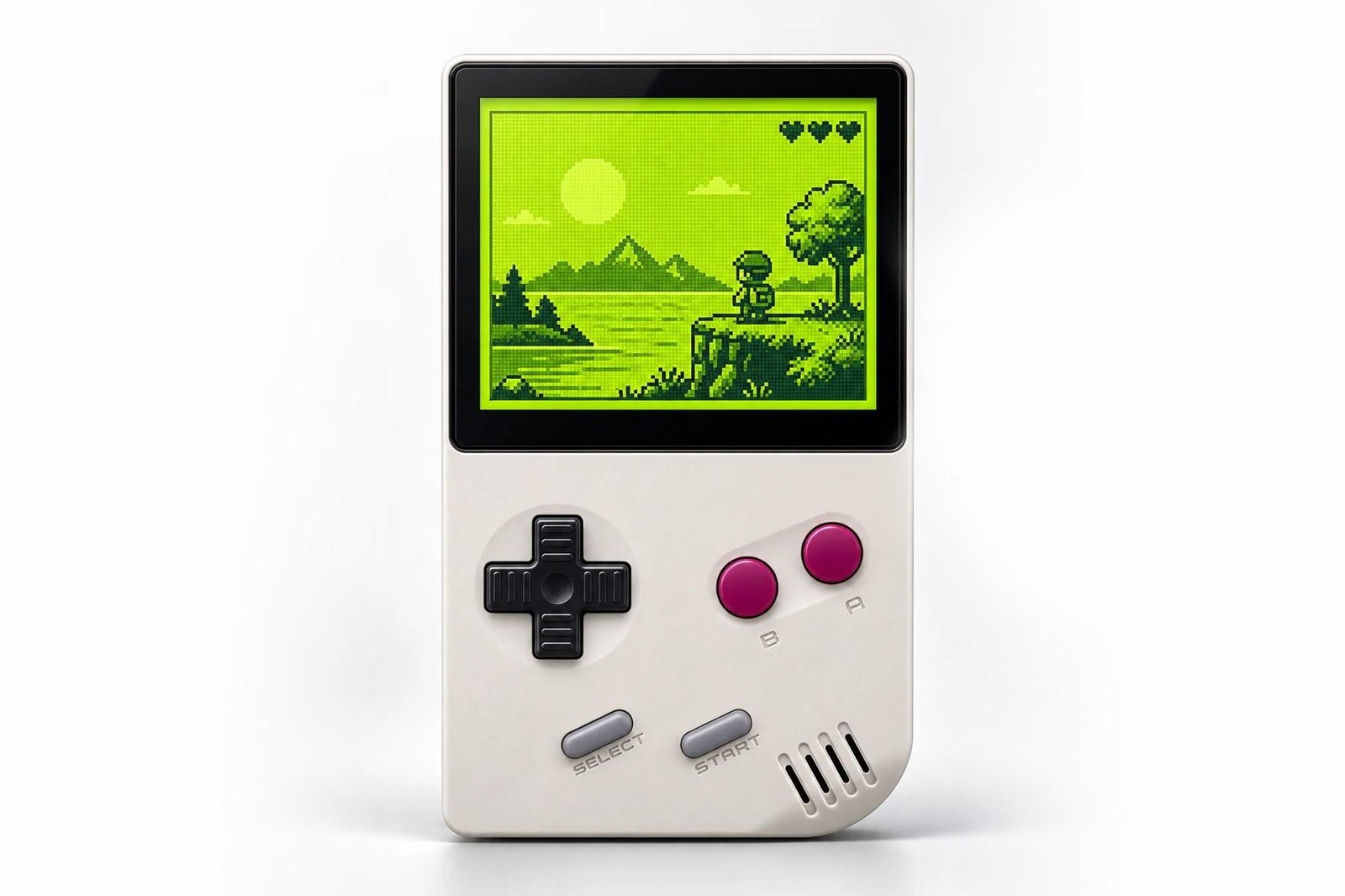 The FunnyPlaying FPGB Mini handheld with a Game Boy game onscreen.