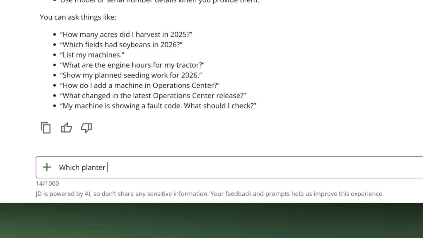 A screenshot of John Deere’s JD AI chatbot interface