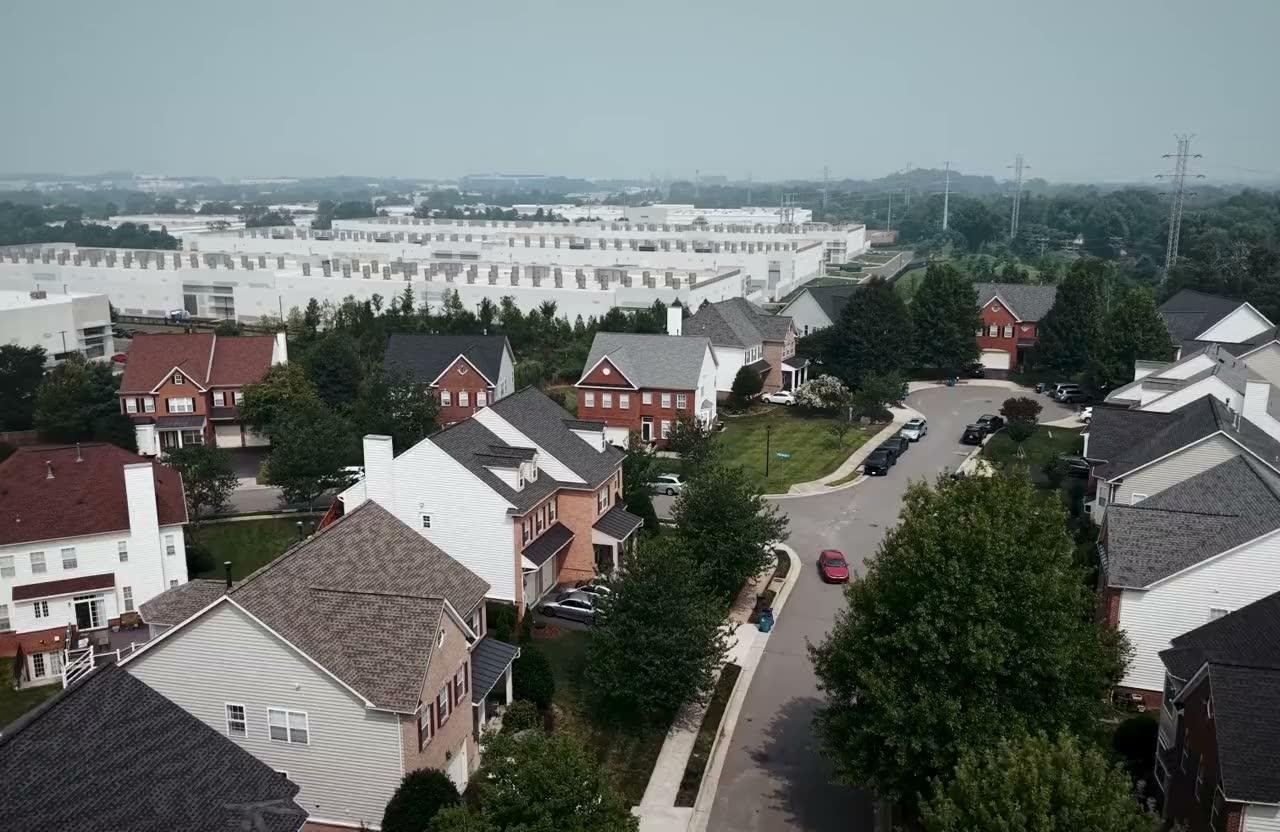 A still from an image of a drone shot of a Loudoun County data center.