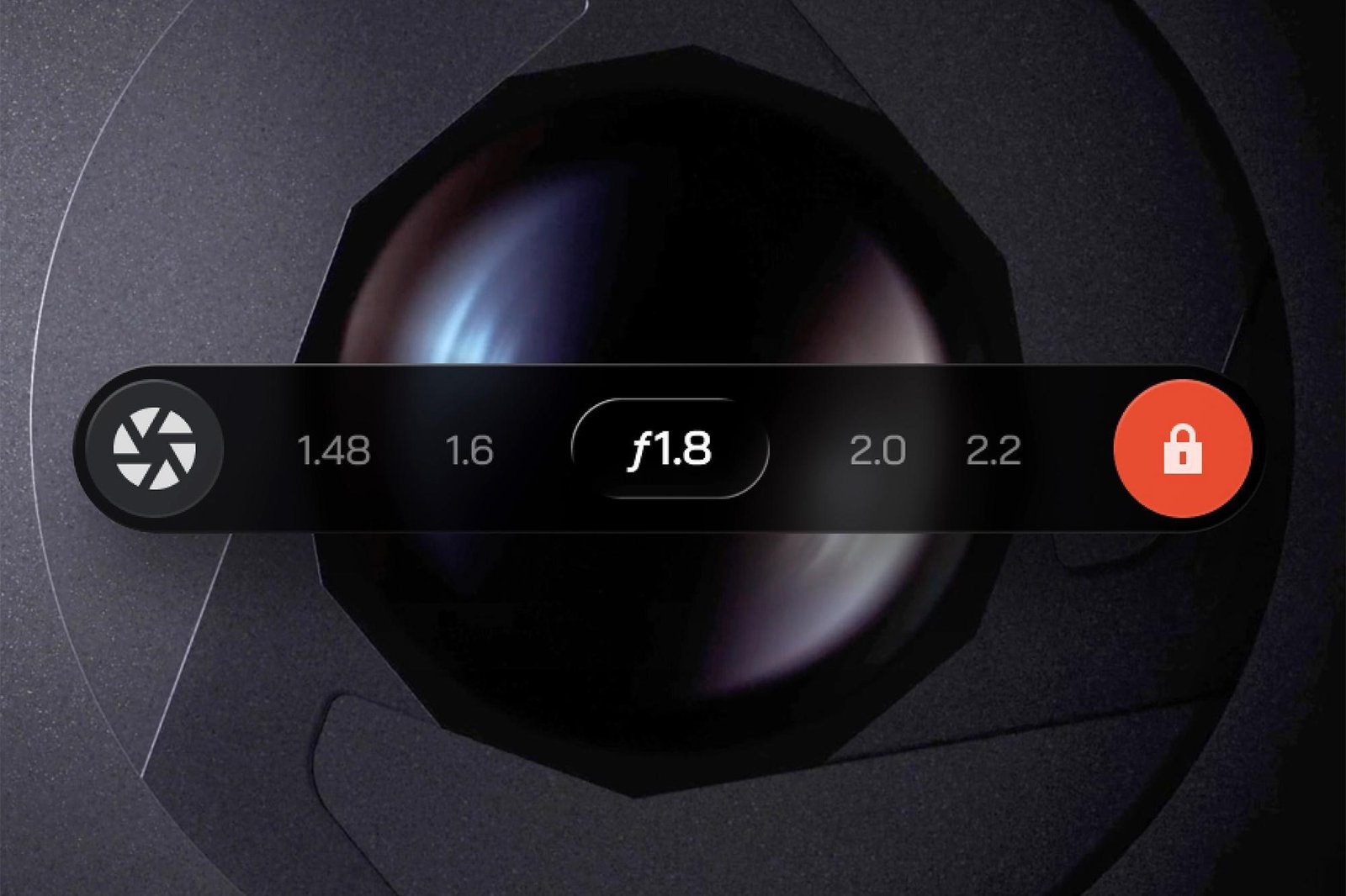 Aperture controls superimposed over a close-up of a camera iris.