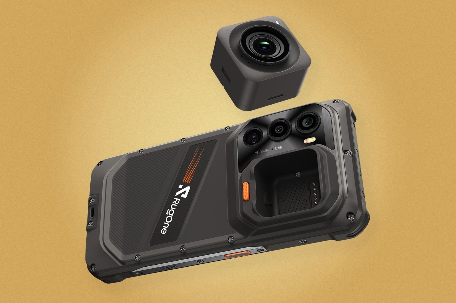 The RugOne Xsnap 7 Pro smartphone with its action camera removed against a yellow background.