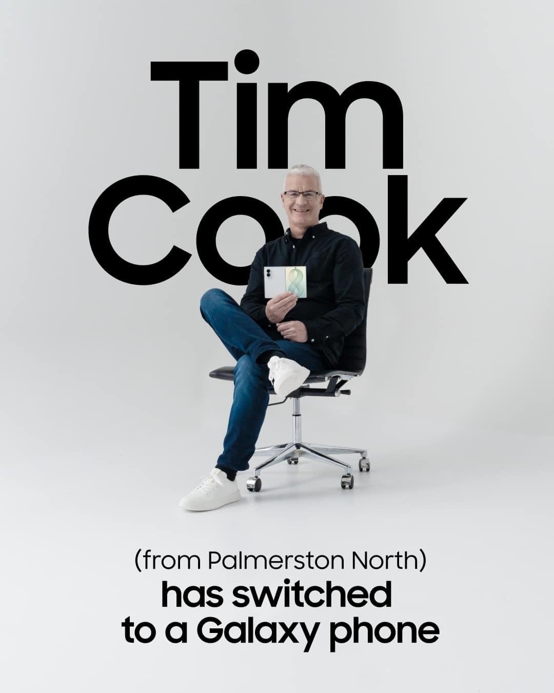 A Samsung New Zealand ad featuring “Tim Cook” with the Galaxy Z Fold 8