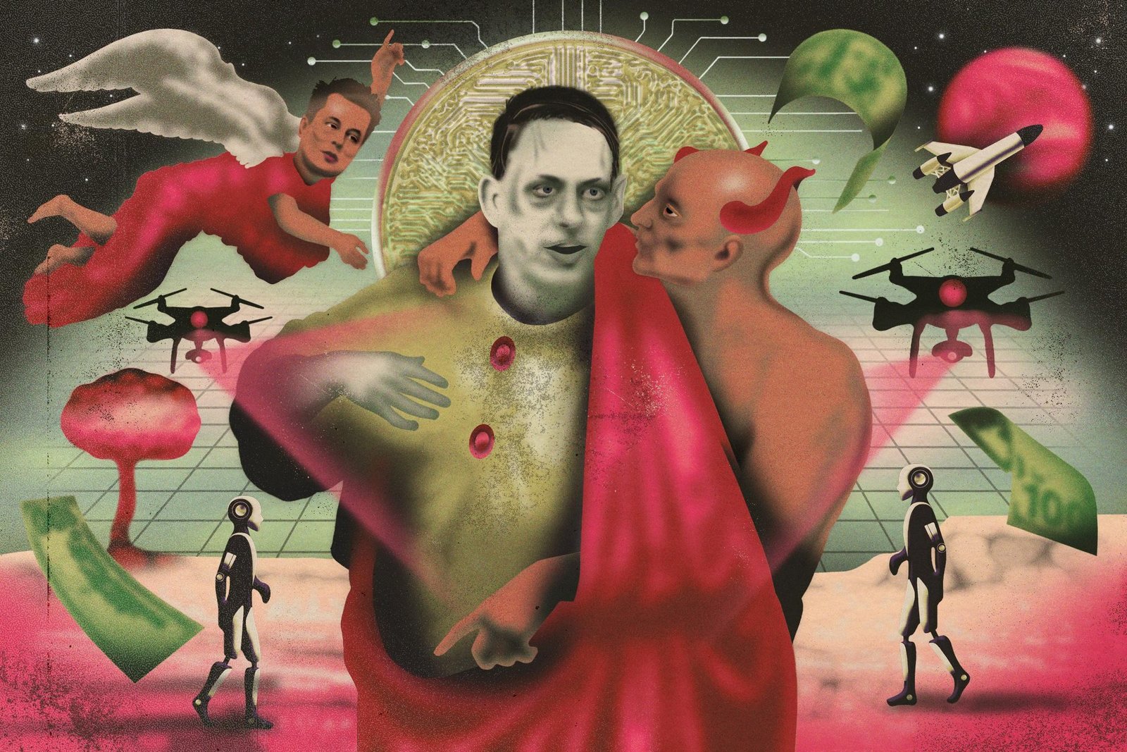 Peter Thiel with a devil whispering in his ear in front of an apocalyptic tech background.
