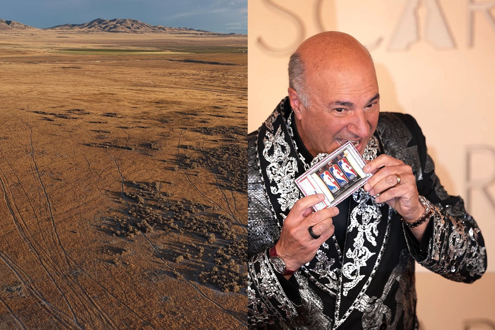 Split screen of Kevin O'Leary at a 2026 red carpet event next to an aerial shot of Utah desert.