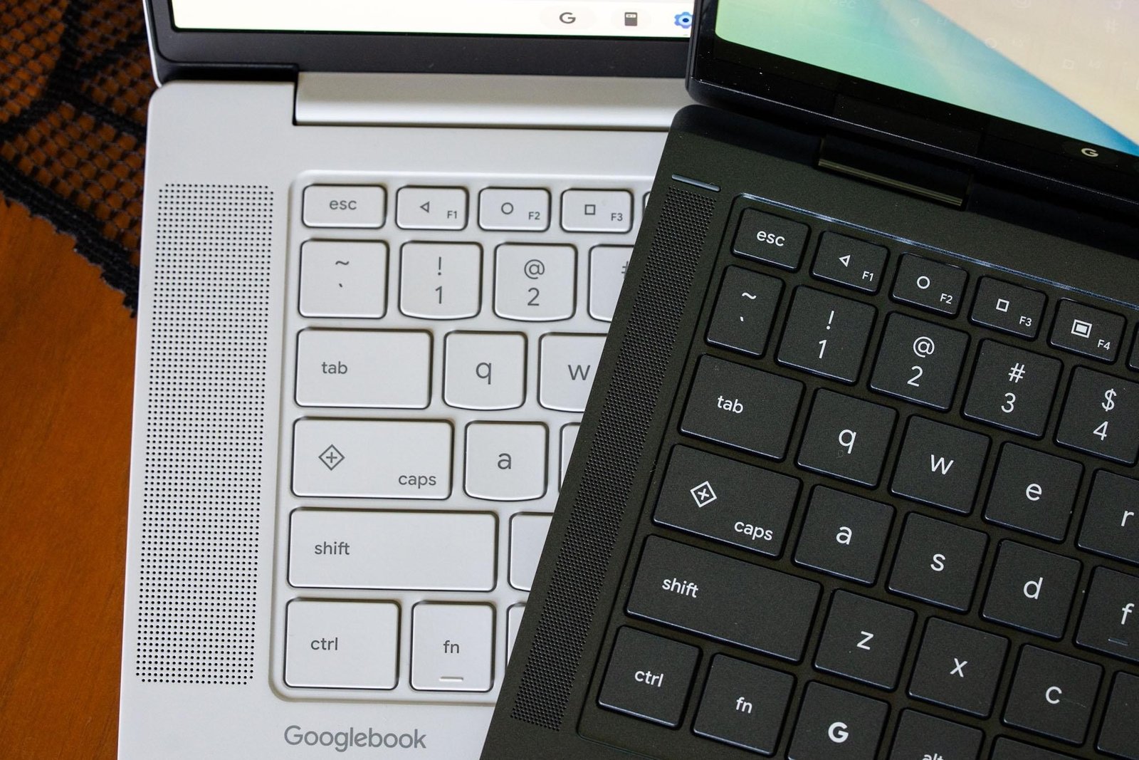 A close-up photo of two Googlebook keyboards.