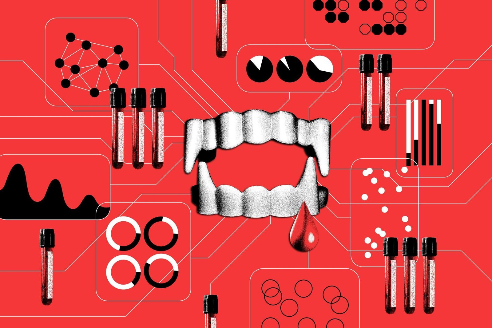 Illustration of vampire teeth with a drop of blood dripping down on top of a red background. Around the teeth are vials of blood and graphs depicting health data.