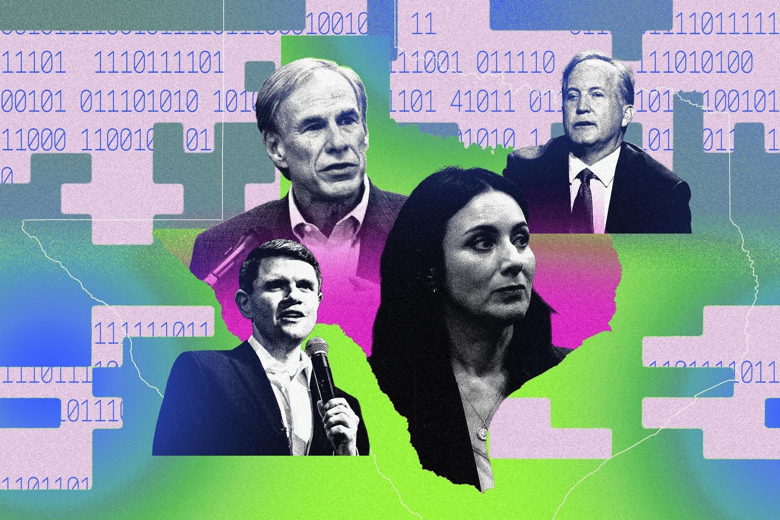 Greg Abbott, Gina Hinojosa, James Talarico, and Ken Paxton in the shape of Texas with glitchy effects.