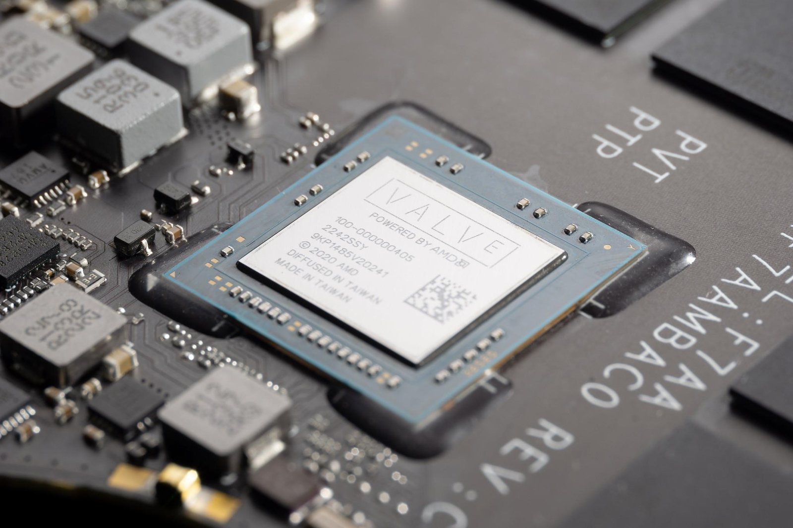 The Steam Deck’s original APU, shiny and crisp on the Steam Deck’s motherboard.
