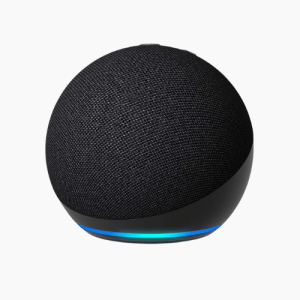 The Amazon Echo Dot (fifth-gen) in black floating on a white background.
