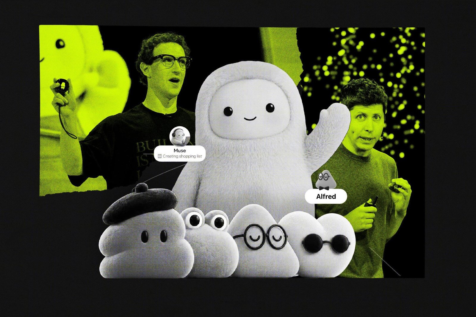 A stylized illustration of various AI mascots as well as CEOs Mark Zuckerberg and Sam Altman