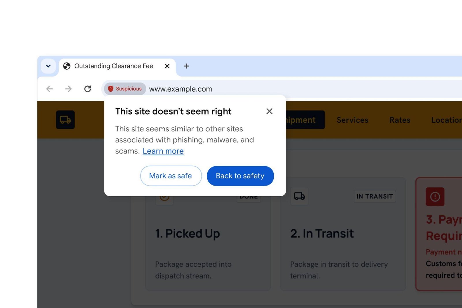 Google Chrome’s new warning message for suspicious websites.