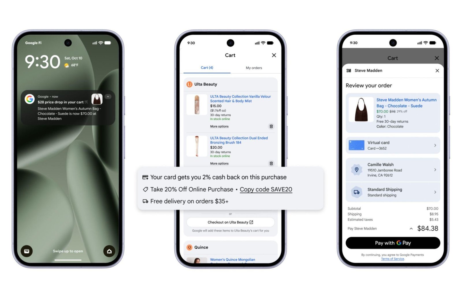 Still images showing screenshots of Google’s Universal Cart tool.