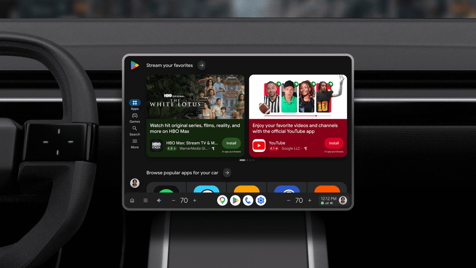 A picture of the Play Store on a car dashboard