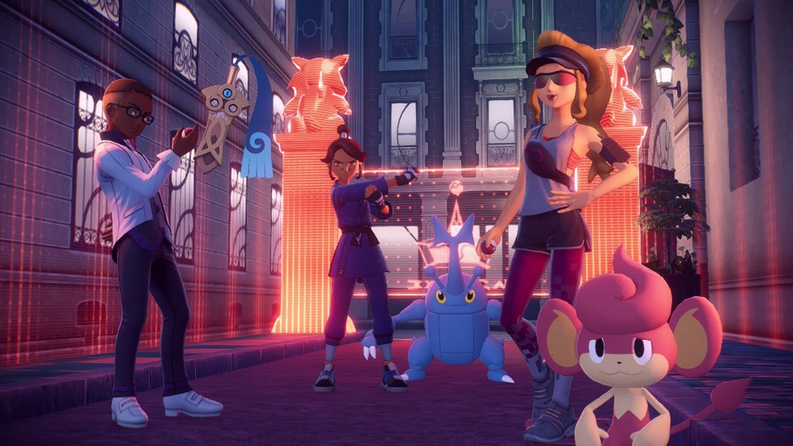 A Pokémon Legends: Z-A screenshot depicting a group of trainers participating in the Z-A Royale.
