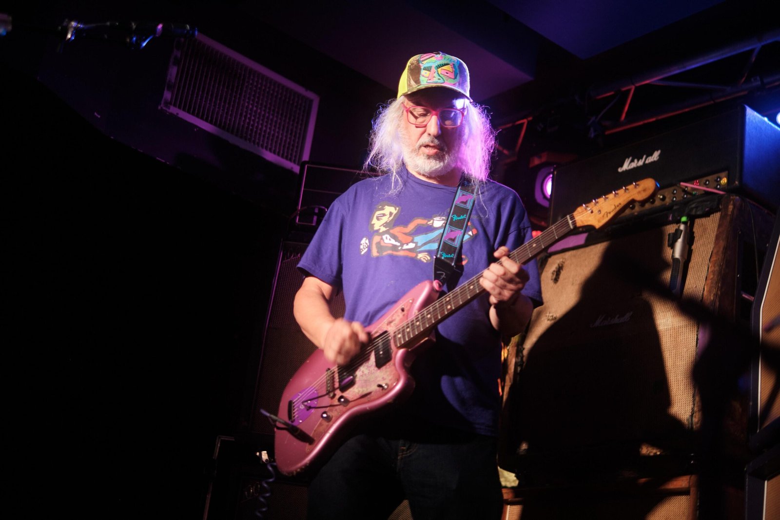J Mascis of Dinosaur Jr on stage at Baby’s All Right playing the loudest show.