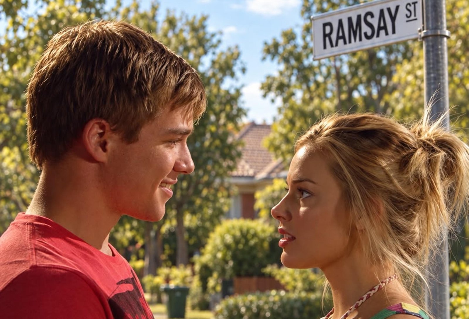 A man and a woman looking at one another while standing on a suburban street.