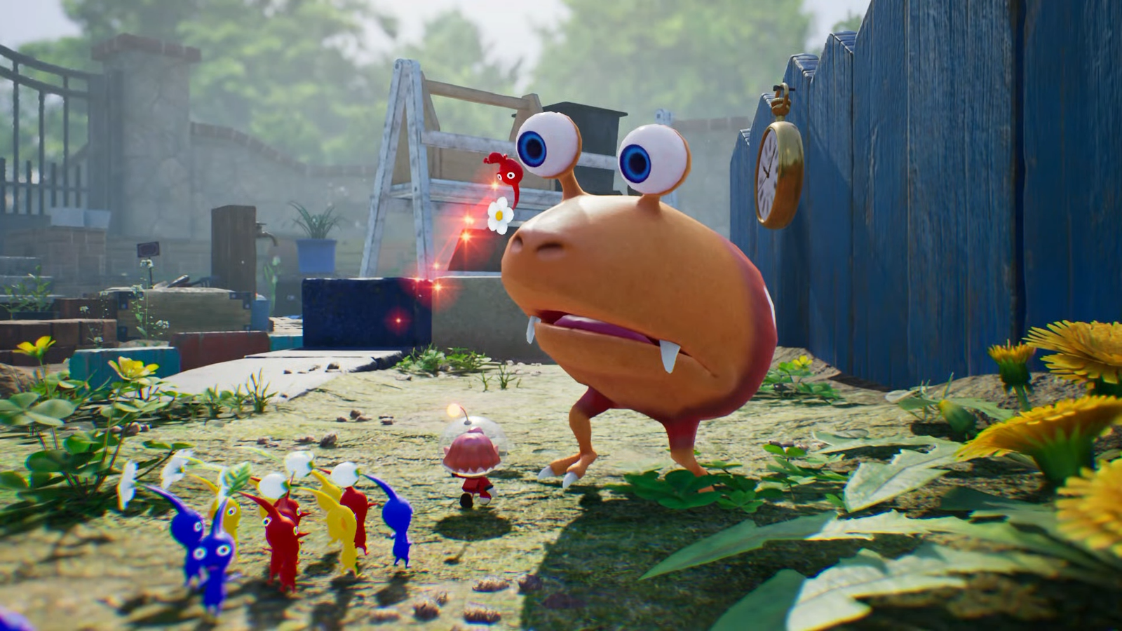 In a Pikmin screenshot, a Bulborb looms over a Pikmin protagonist with some red, blue, and yellow Pikmin creatures behind them.