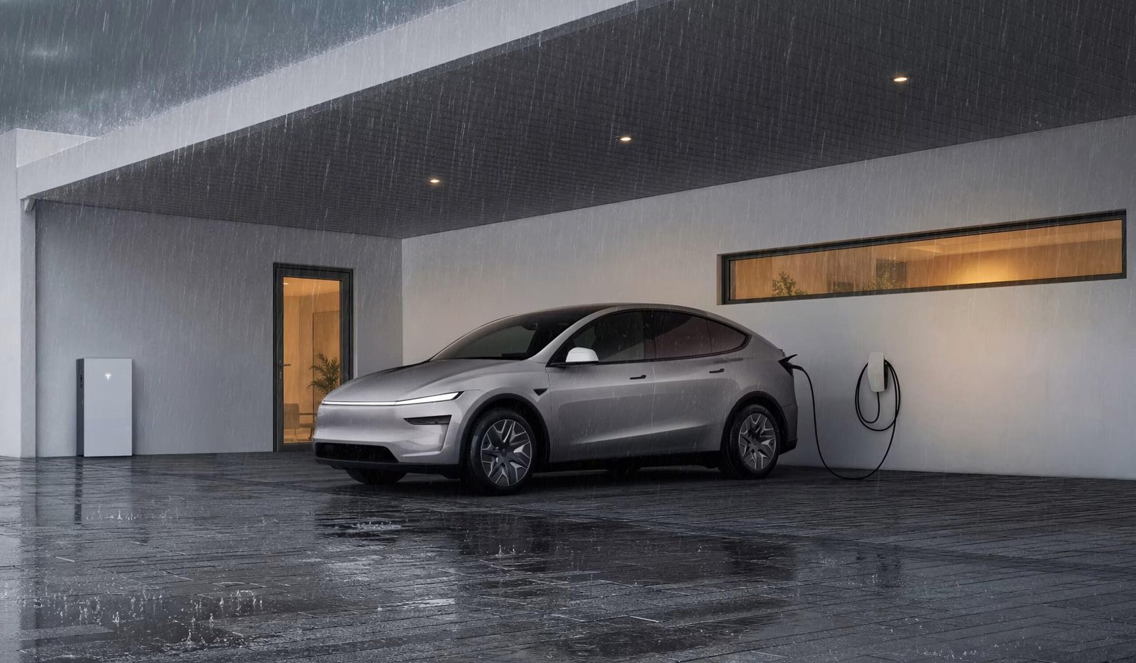 A promotional image of a Tesla plugged in at a home