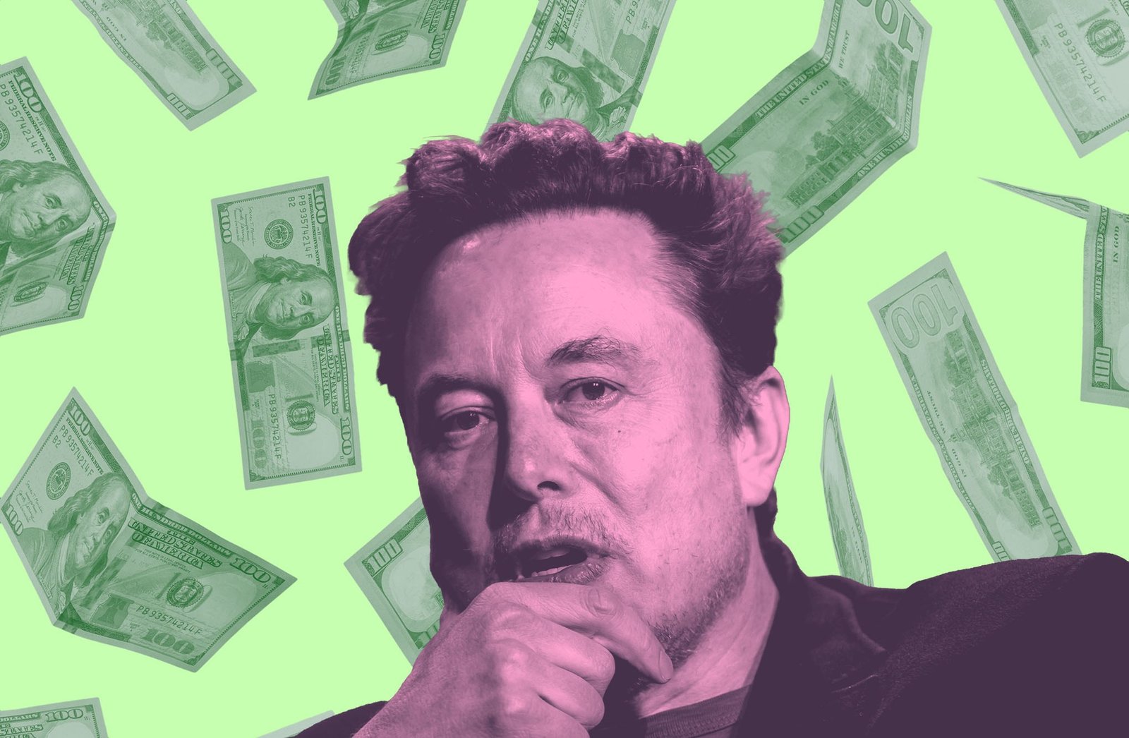 Elon Musk in front of a background of falling money.