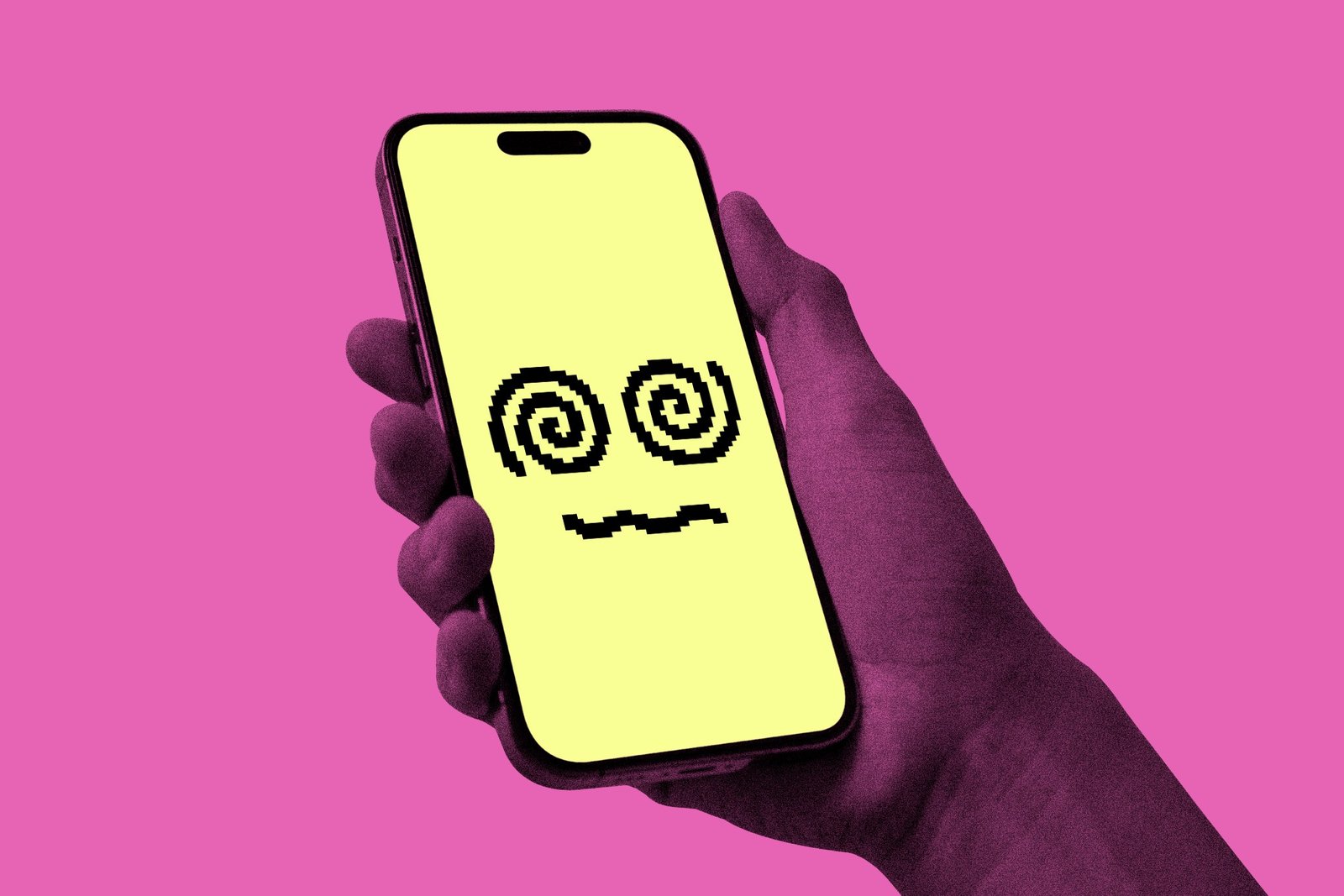 Pixelated face with swirly eyes on a phone to represent a chatbot.