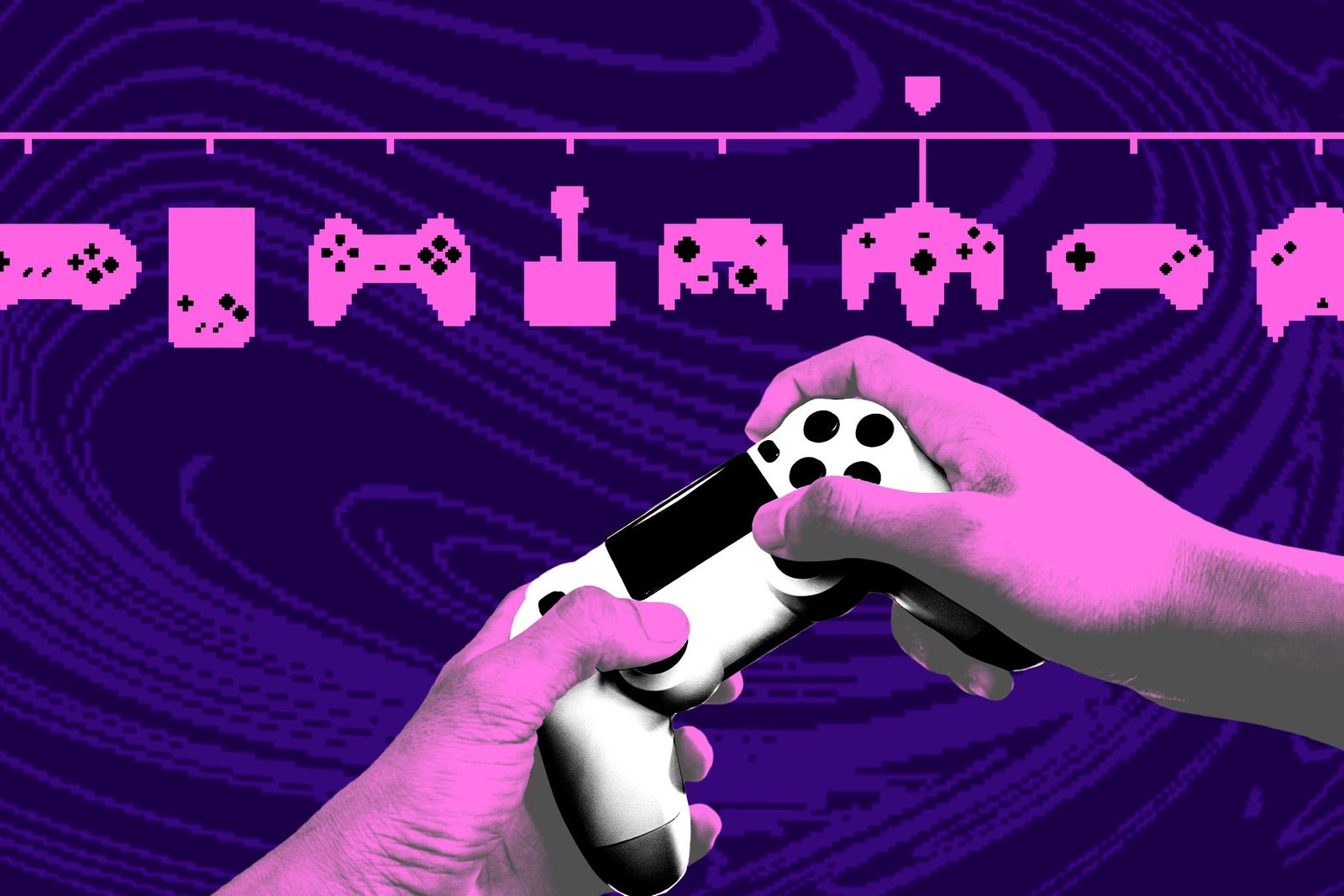 A photo collage of a gamer choosing an emulator from a menu of options of different game controllers.