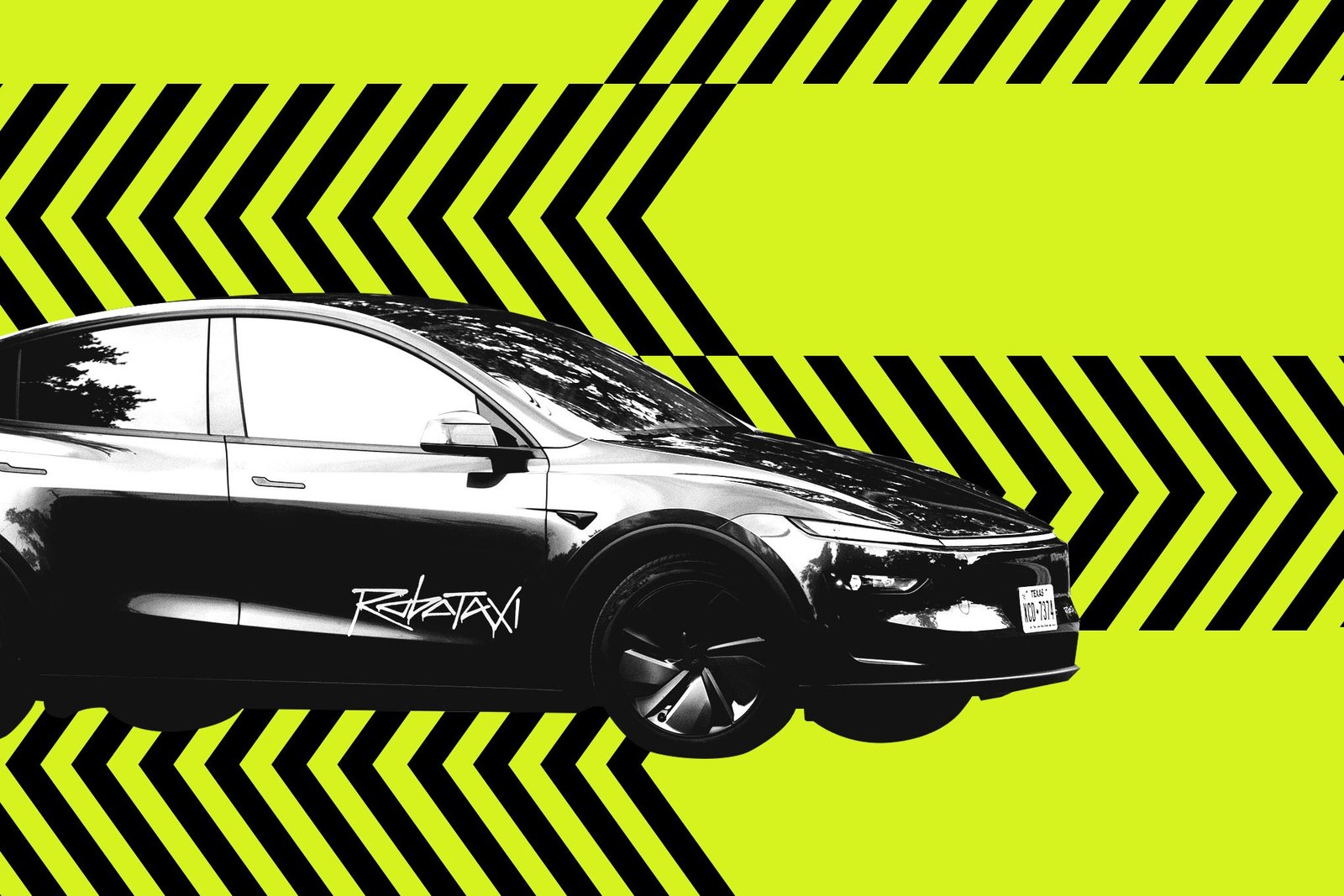 Tesla Robotaxi on a graphic yellow background.