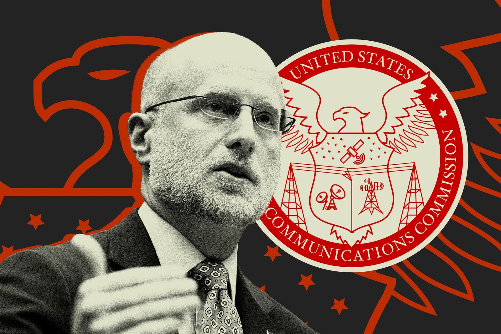 Digital photo illustration of FCC chair Brendan Carr.