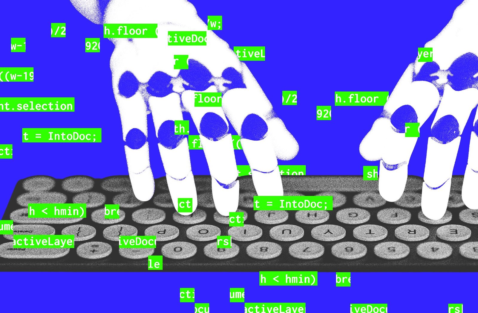 Robot hacker typing on a keyboard.