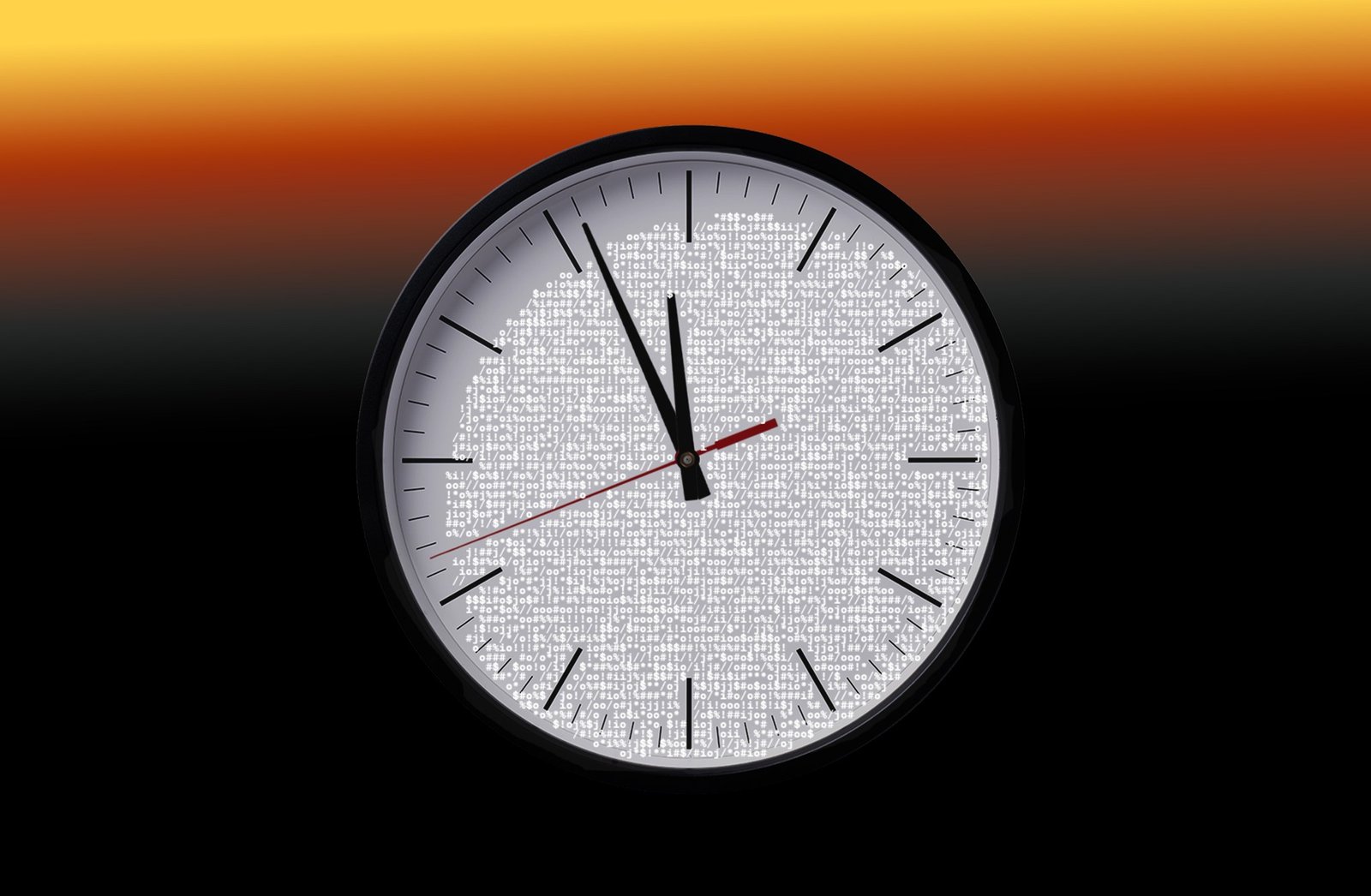 Doomsday clock close to midnight with ASCII graphic.