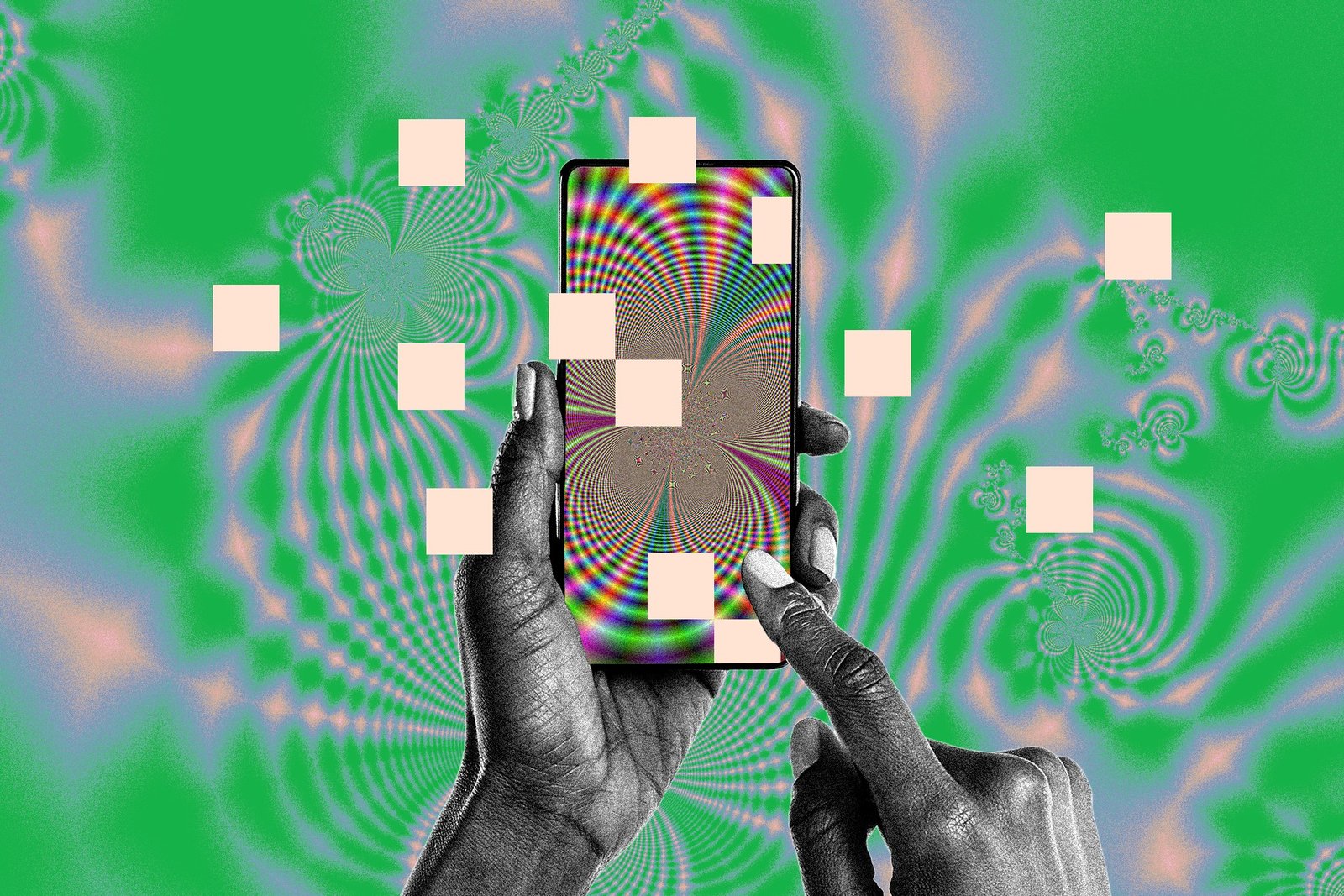 Person’s hands holding a phone screen with a trippy spiral background.