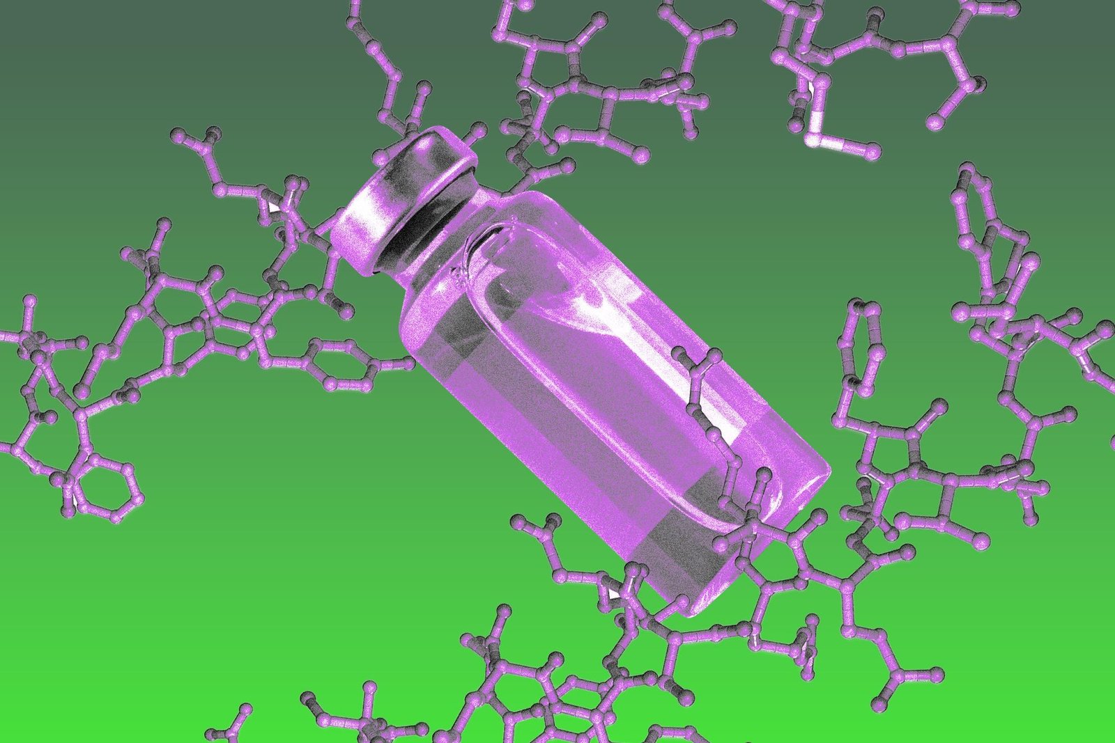 Peptide vial with molecule chains floating around.